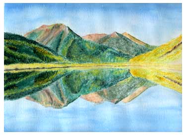 Crystal Lake/Red Mountains - watercolor/Gouache on watercolor paper.