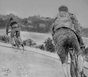 Bicyclists - charcoal drawing
